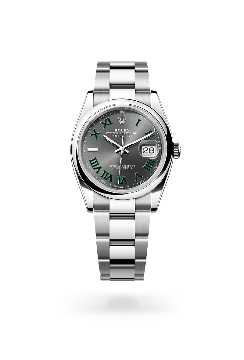Rolex Datejust 36 in Oystersteel with a Slate dial, Domed bezel, Oyster, three-piece solid links bracelet