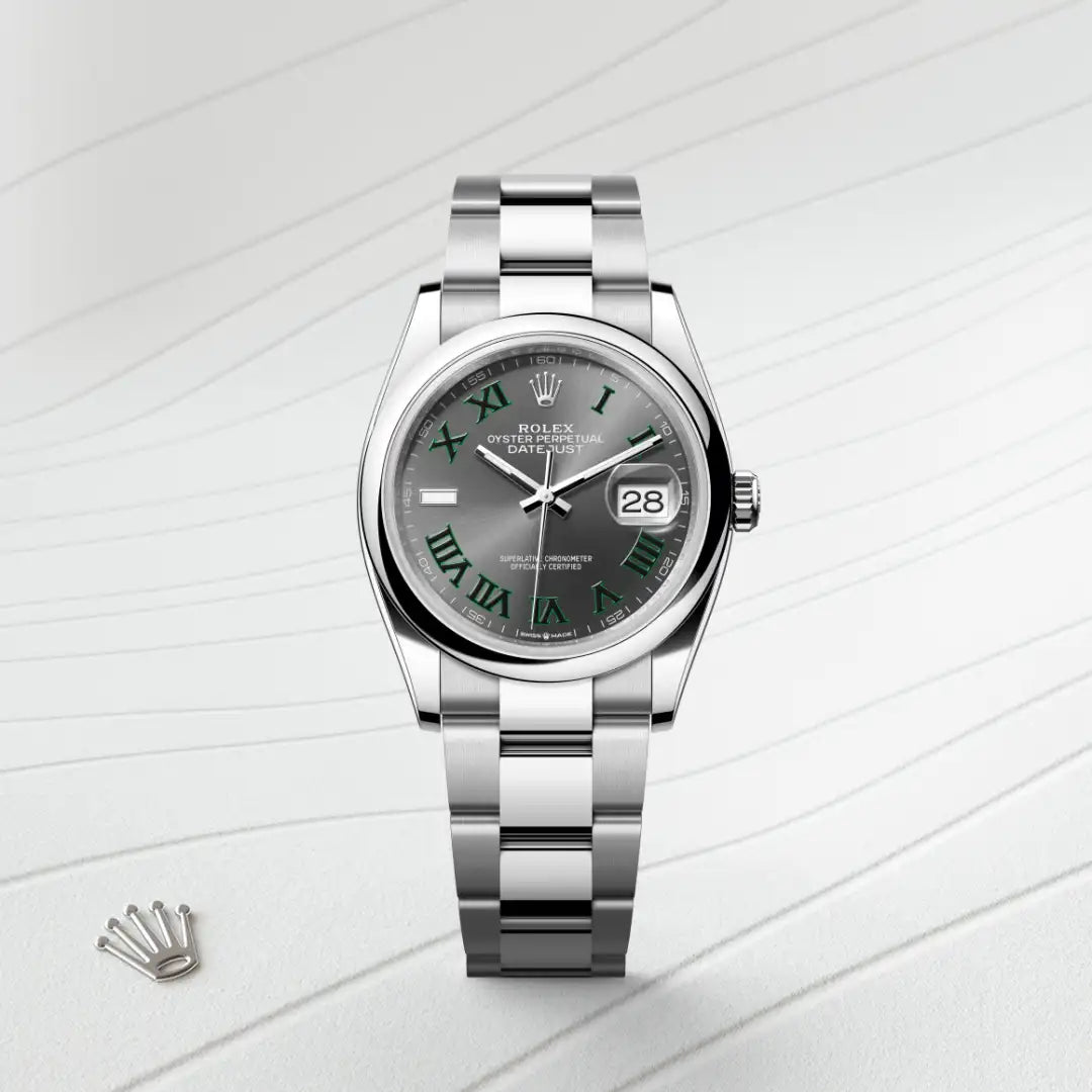 Rolex Datejust 36 in Oystersteel with a Slate dial, Domed bezel, Oyster, three-piece solid links bracelet