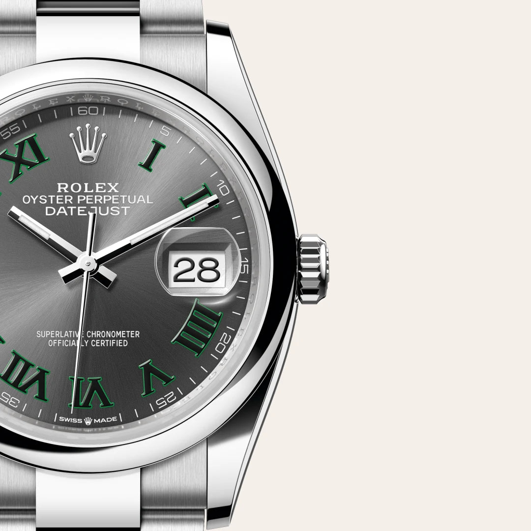 Rolex Datejust 36 in Oystersteel with a Slate dial, Domed bezel, Oyster, three-piece solid links bracelet