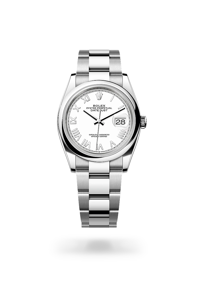 Rolex Datejust 36 in Oystersteel with a White dial, Domed bezel, Oyster, three-piece solid links bracelet