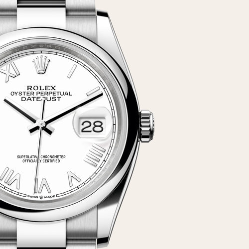 Rolex Datejust 36 in Oystersteel with a White dial, Domed bezel, Oyster, three-piece solid links bracelet