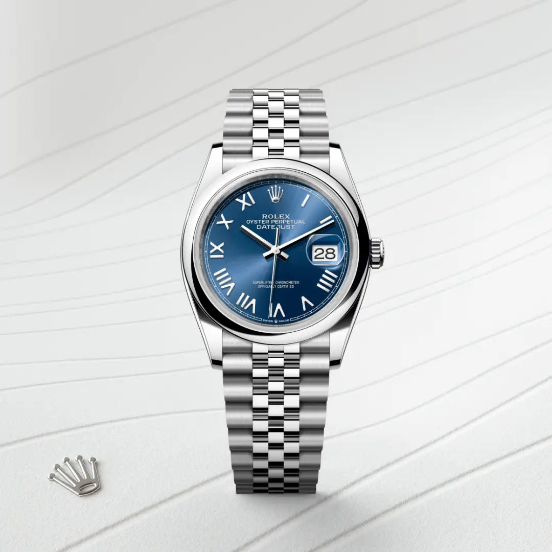 Rolex Datejust 36 in Oystersteel with a Bright blue dial, Domed bezel, Jubilee, five-piece links bracelet