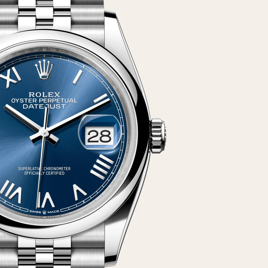 Rolex Datejust 36 in Oystersteel with a Bright blue dial, Domed bezel, Jubilee, five-piece links bracelet