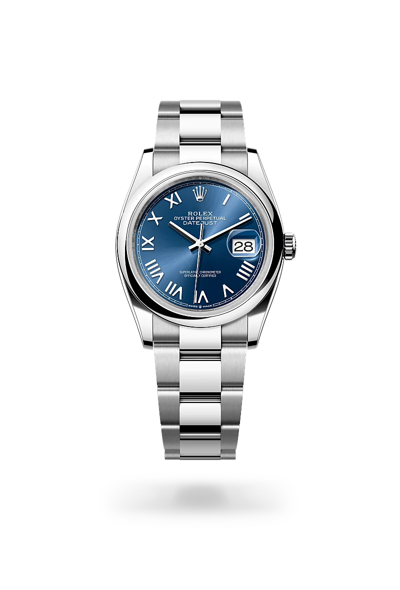 Rolex Datejust 36 in Oystersteel with a Bright blue dial, Domed bezel, Oyster, three-piece solid links bracelet
