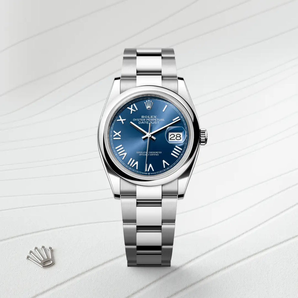 Rolex Datejust 36 in Oystersteel with a Bright blue dial, Domed bezel, Oyster, three-piece solid links bracelet