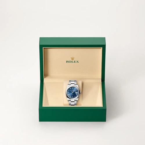 Rolex Datejust 36 in Oystersteel with a Bright blue dial, Domed bezel, Oyster, three-piece solid links bracelet