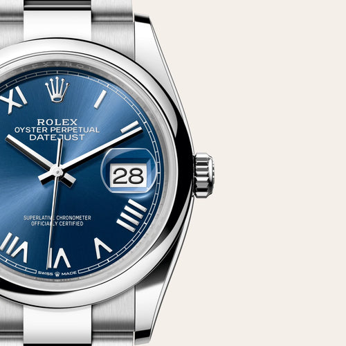 Rolex Datejust 36 in Oystersteel with a Bright blue dial, Domed bezel, Oyster, three-piece solid links bracelet