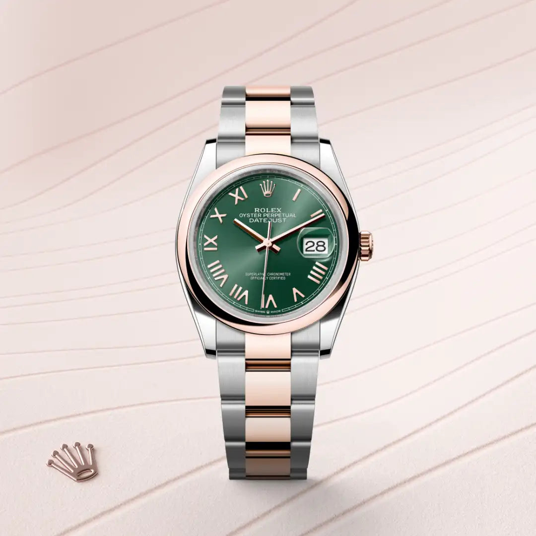 Rolex Datejust 36 in Everose Rolesor - combination of Oystersteel and Everose gold with a Mint green dial, Domed bezel, Oyster, three-piece solid links bracelet
