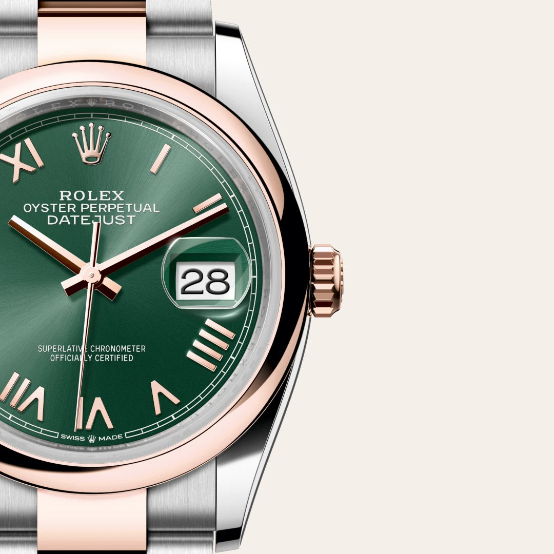 Rolex Datejust 36 in Everose Rolesor - combination of Oystersteel and Everose gold with a Mint green dial, Domed bezel, Oyster, three-piece solid links bracelet