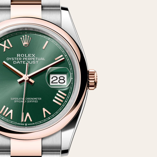 Rolex Datejust 36 in Everose Rolesor - combination of Oystersteel and Everose gold with a Mint green dial, Domed bezel, Oyster, three-piece solid links bracelet