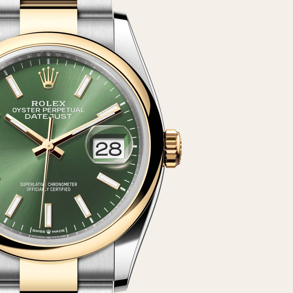Rolex Datejust 36 in Yellow Rolesor - combination of Oystersteel and yellow gold with a Olive green dial, Domed bezel, Oyster, three-piece solid links bracelet