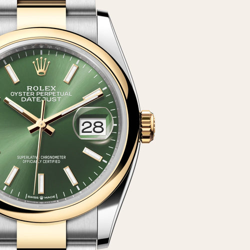 Rolex Datejust 36 in Yellow Rolesor - combination of Oystersteel and yellow gold with a Olive green dial, Domed bezel, Oyster, three-piece solid links bracelet