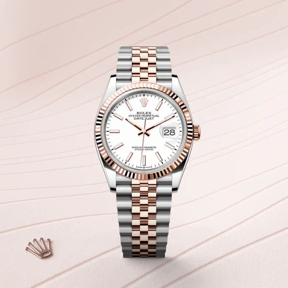 Rolex Datejust 36 in Everose Rolesor - combination of Oystersteel and Everose gold with a White dial, Fluted bezel, Jubilee, five-piece links bracelet