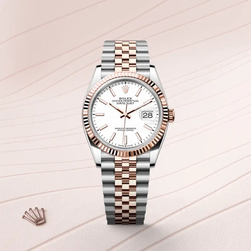 Rolex Datejust 36 in Everose Rolesor - combination of Oystersteel and Everose gold with a White dial, Fluted bezel, Jubilee, five-piece links bracelet
