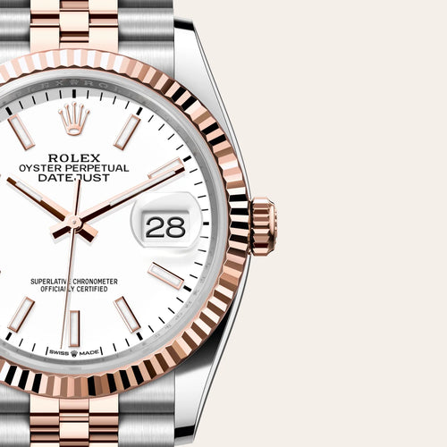Rolex Datejust 36 in Everose Rolesor - combination of Oystersteel and Everose gold with a White dial, Fluted bezel, Jubilee, five-piece links bracelet