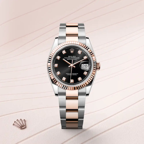 Rolex Datejust 36 in Everose Rolesor - combination of Oystersteel and Everose gold with a Bright black set with diamonds dial, Fluted bezel, Oyster, three-piece solid links bracelet
