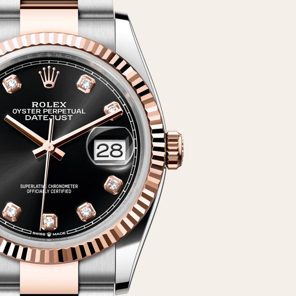 Rolex Datejust 36 in Everose Rolesor - combination of Oystersteel and Everose gold with a Bright black set with diamonds dial, Fluted bezel, Oyster, three-piece solid links bracelet