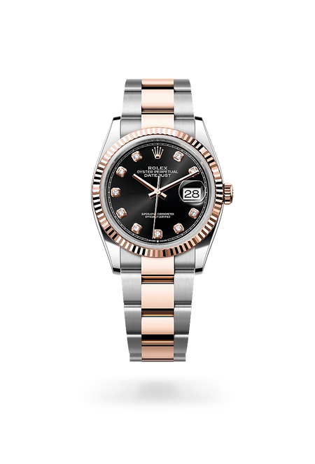 Rolex Datejust 36 in Everose Rolesor - combination of Oystersteel and Everose gold with a Bright black set with diamonds dial, Fluted bezel, Oyster, three-piece solid links bracelet