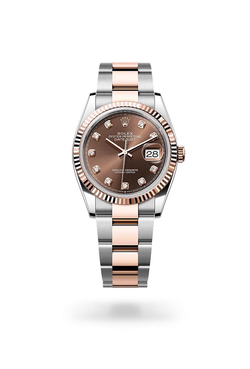 Rolex Datejust 36 in Everose Rolesor - combination of Oystersteel and Everose gold with a Chocolate set with diamonds dial, Fluted bezel, Oyster, three-piece solid links bracelet