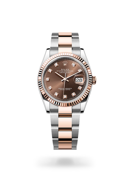 Rolex Datejust 36 in Everose Rolesor - combination of Oystersteel and Everose gold with a Chocolate set with diamonds dial, Fluted bezel, Oyster, three-piece solid links bracelet