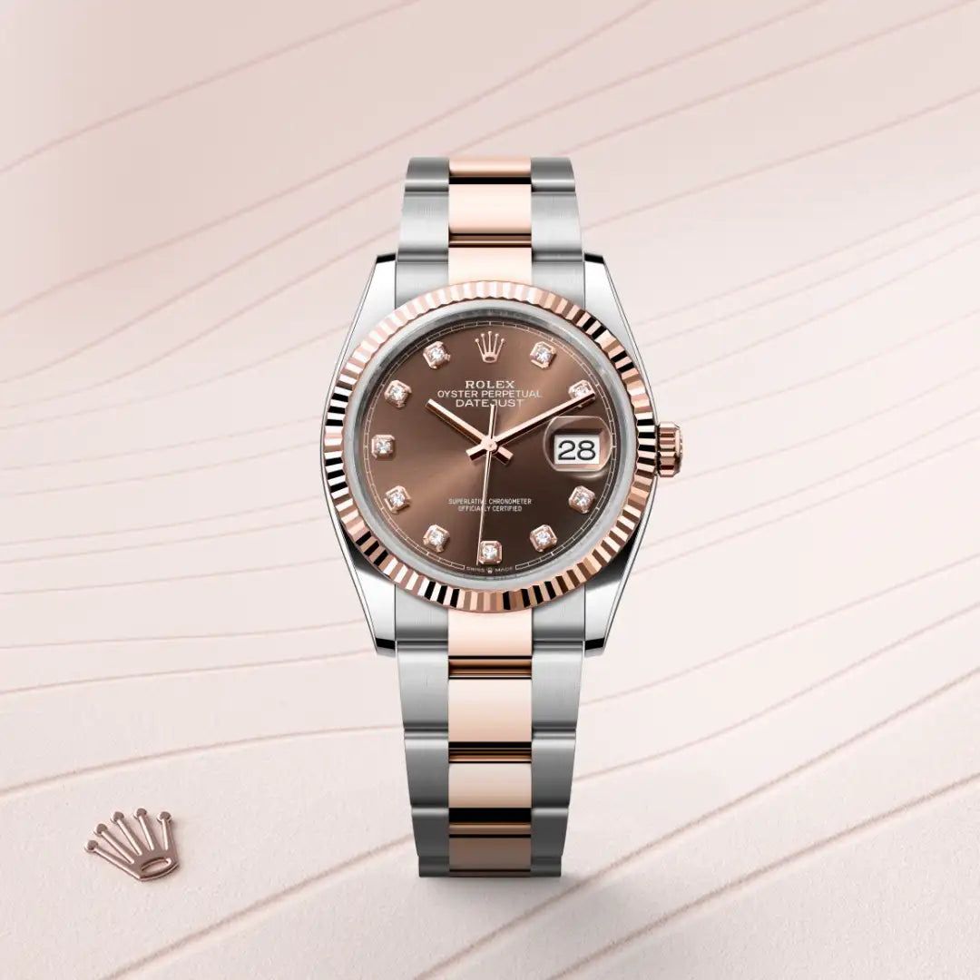 Rolex Datejust 36 in Everose Rolesor - combination of Oystersteel and Everose gold with a Chocolate set with diamonds dial, Fluted bezel, Oyster, three-piece solid links bracelet