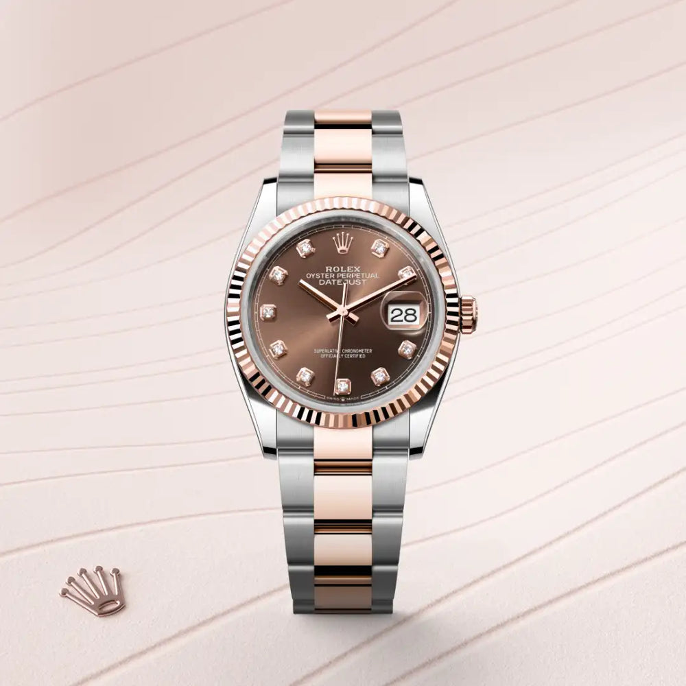 Rolex Datejust 36 in Everose Rolesor - combination of Oystersteel and Everose gold with a Chocolate set with diamonds dial, Fluted bezel, Oyster, three-piece solid links bracelet