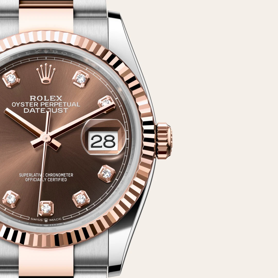 Rolex Datejust 36 in Everose Rolesor - combination of Oystersteel and Everose gold with a Chocolate set with diamonds dial, Fluted bezel, Oyster, three-piece solid links bracelet