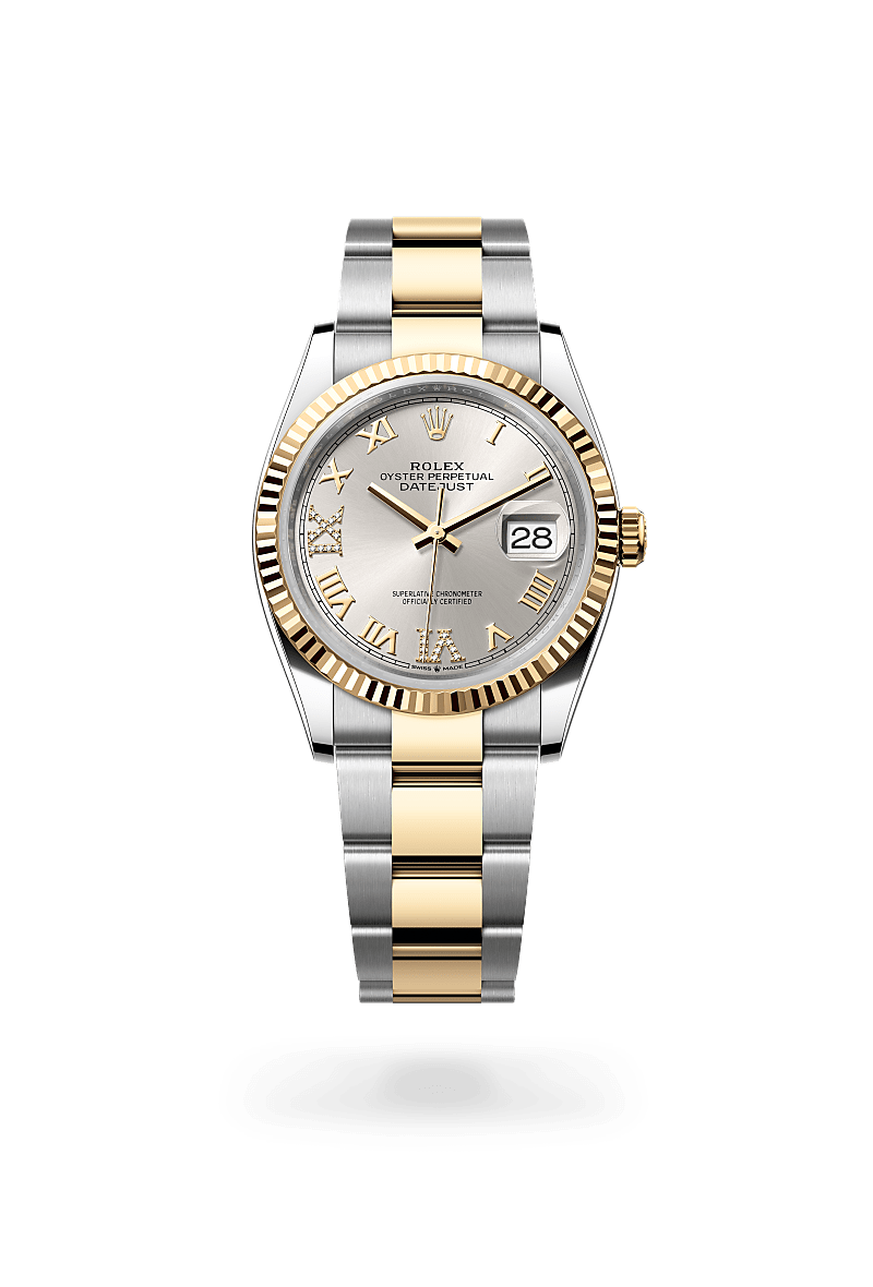 Rolex Datejust 36 in Yellow Rolesor - combination of Oystersteel and yellow gold with a Silver set with diamonds dial, Fluted bezel, Oyster, three-piece solid links bracelet