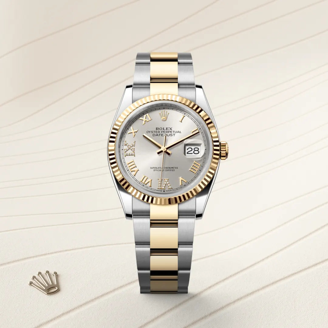 Rolex Datejust 36 in Yellow Rolesor - combination of Oystersteel and yellow gold with a Silver set with diamonds dial, Fluted bezel, Oyster, three-piece solid links bracelet