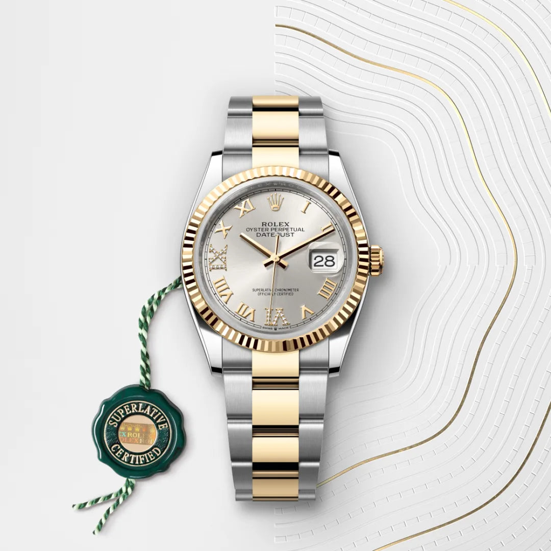 Rolex Datejust 36 in Yellow Rolesor - combination of Oystersteel and yellow gold with a Silver set with diamonds dial, Fluted bezel, Oyster, three-piece solid links bracelet