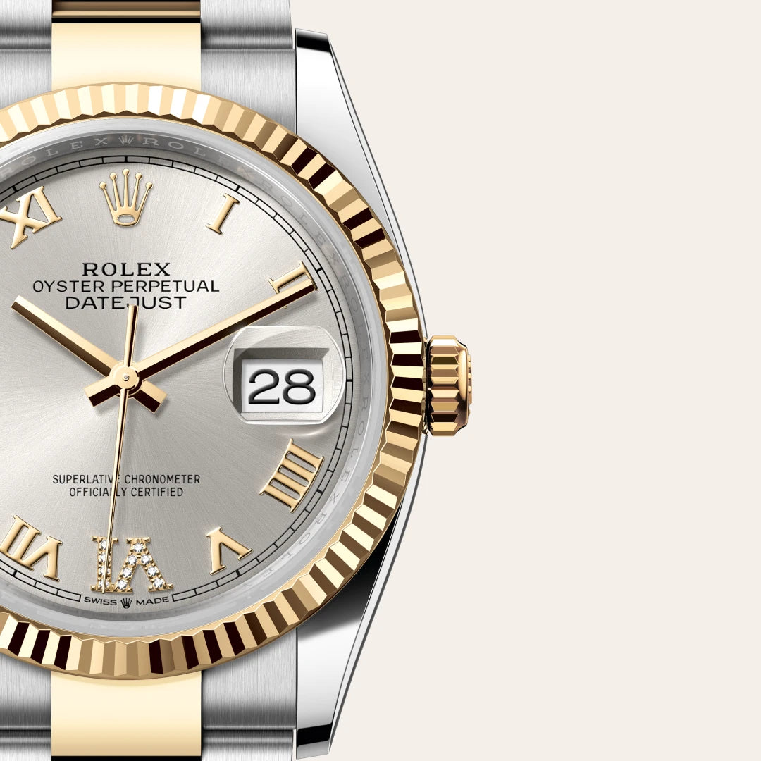 Rolex Datejust 36 in Yellow Rolesor - combination of Oystersteel and yellow gold with a Silver set with diamonds dial, Fluted bezel, Oyster, three-piece solid links bracelet