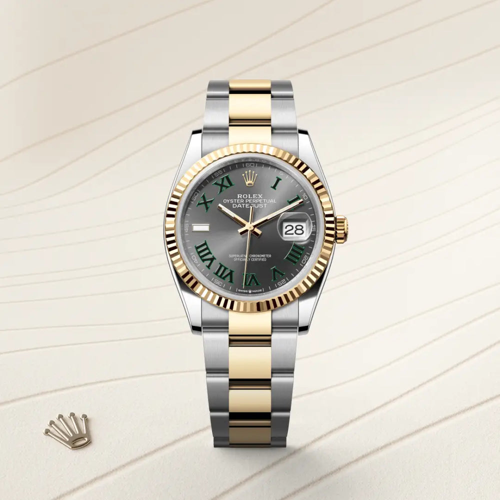 Rolex Datejust 36 in Yellow Rolesor - combination of Oystersteel and yellow gold with a Slate dial, Fluted bezel, Oyster, three-piece solid links bracelet