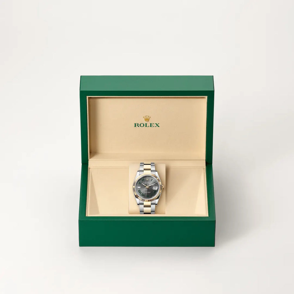 Rolex Datejust 36 in Yellow Rolesor - combination of Oystersteel and yellow gold with a Slate dial, Fluted bezel, Oyster, three-piece solid links bracelet