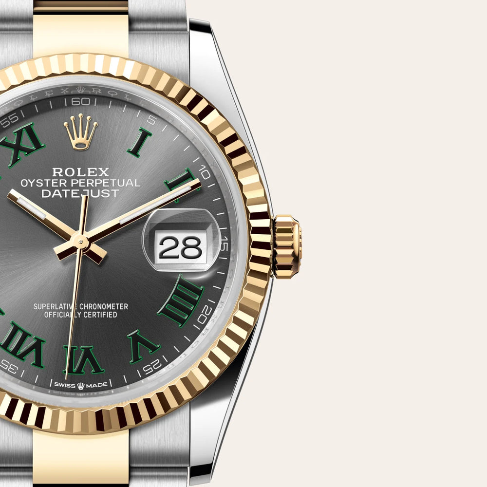 Rolex Datejust 36 in Yellow Rolesor - combination of Oystersteel and yellow gold with a Slate dial, Fluted bezel, Oyster, three-piece solid links bracelet