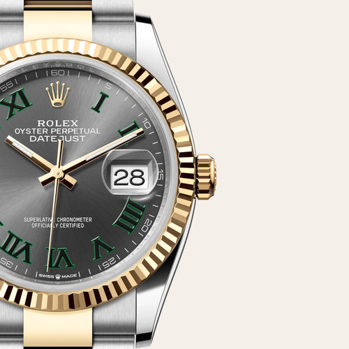 Rolex Datejust 36 in Yellow Rolesor - combination of Oystersteel and yellow gold with a Slate dial, Fluted bezel, Oyster, three-piece solid links bracelet