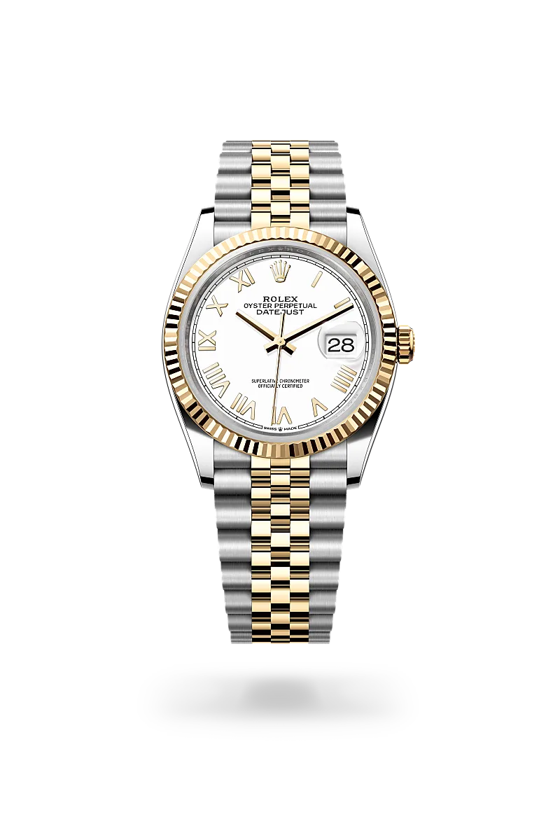 Rolex Datejust 36 in Yellow Rolesor - combination of Oystersteel and yellow gold with a White dial, Fluted bezel, Jubilee, five-piece links bracelet