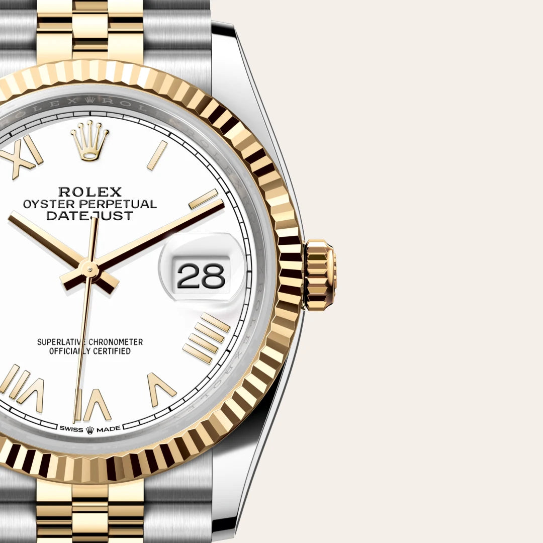 Rolex Datejust 36 in Yellow Rolesor - combination of Oystersteel and yellow gold with a White dial, Fluted bezel, Jubilee, five-piece links bracelet