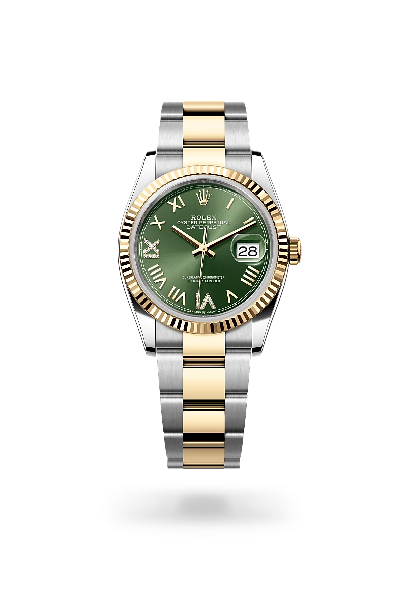 Rolex Datejust 36 in Yellow Rolesor - combination of Oystersteel and yellow gold with a Olive green set with diamonds dial, Fluted bezel, Oyster, three-piece solid links bracelet