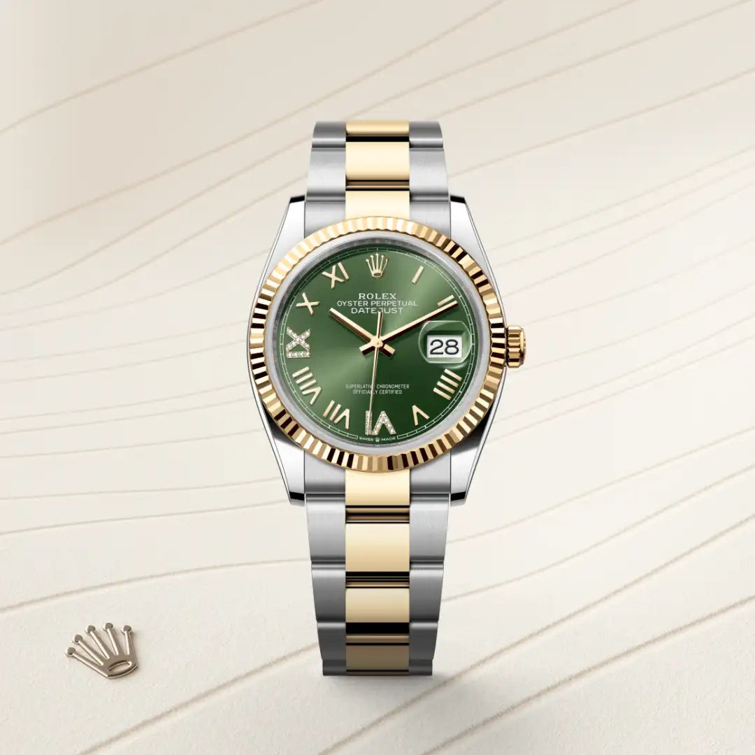 Rolex Datejust 36 in Yellow Rolesor - combination of Oystersteel and yellow gold with a Olive green set with diamonds dial, Fluted bezel, Oyster, three-piece solid links bracelet