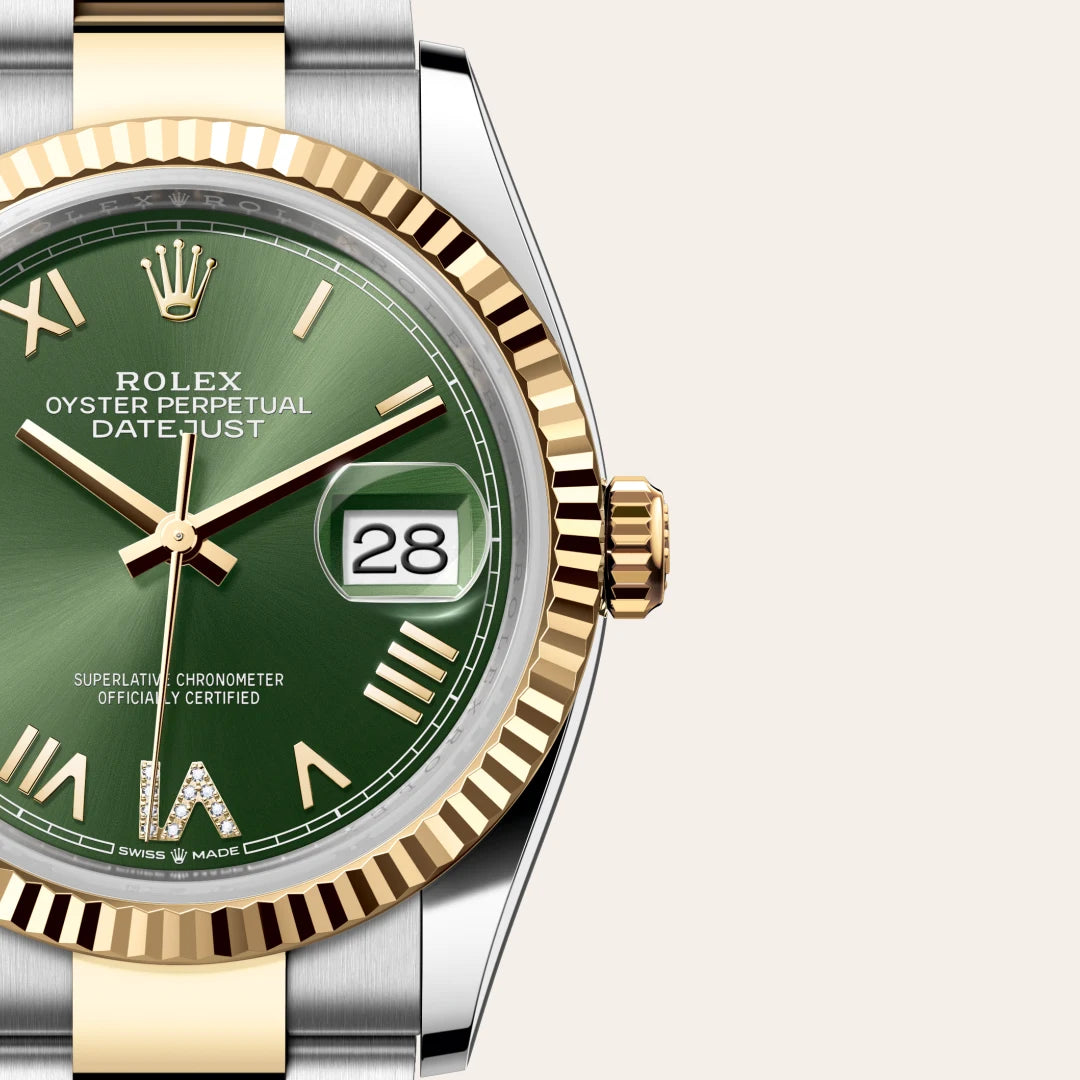 Rolex Datejust 36 in Yellow Rolesor - combination of Oystersteel and yellow gold with a Olive green set with diamonds dial, Fluted bezel, Oyster, three-piece solid links bracelet