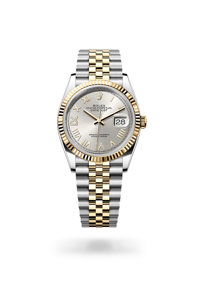 Rolex Datejust 36 in Yellow Rolesor - combination of Oystersteel and yellow gold with a Silver set with diamonds dial, Fluted bezel, Jubilee, five-piece links bracelet