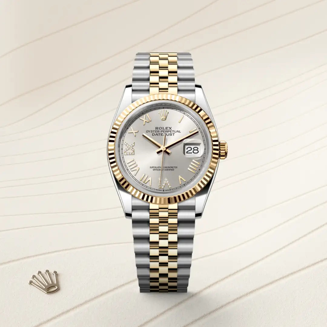 Rolex Datejust 36 in Yellow Rolesor - combination of Oystersteel and yellow gold with a Silver set with diamonds dial, Fluted bezel, Jubilee, five-piece links bracelet