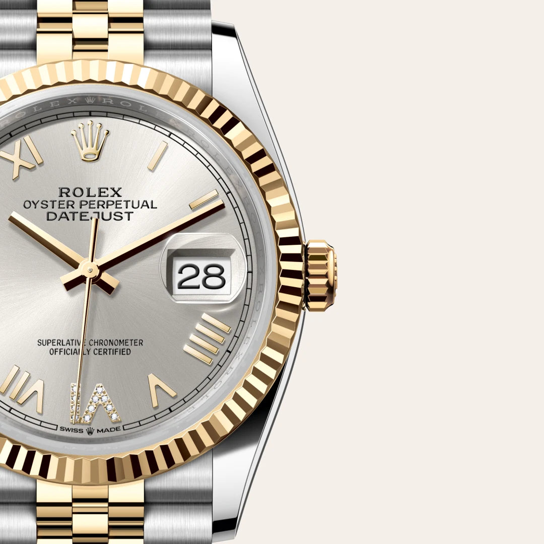Rolex Datejust 36 in Yellow Rolesor - combination of Oystersteel and yellow gold with a Silver set with diamonds dial, Fluted bezel, Jubilee, five-piece links bracelet