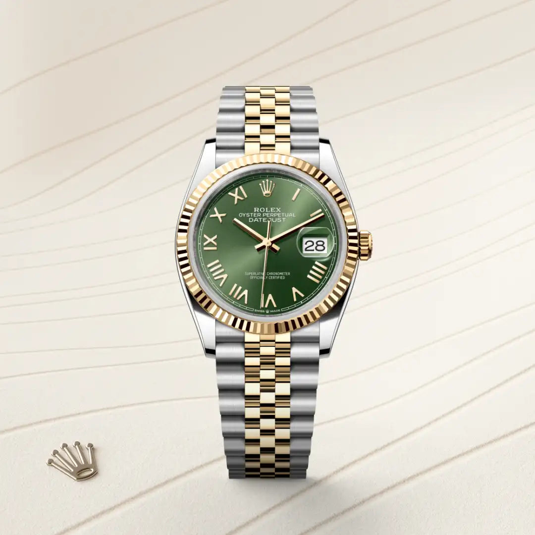 Rolex Datejust 36 in Yellow Rolesor - combination of Oystersteel and yellow gold with a Olive green dial, Fluted bezel, Jubilee, five-piece links bracelet