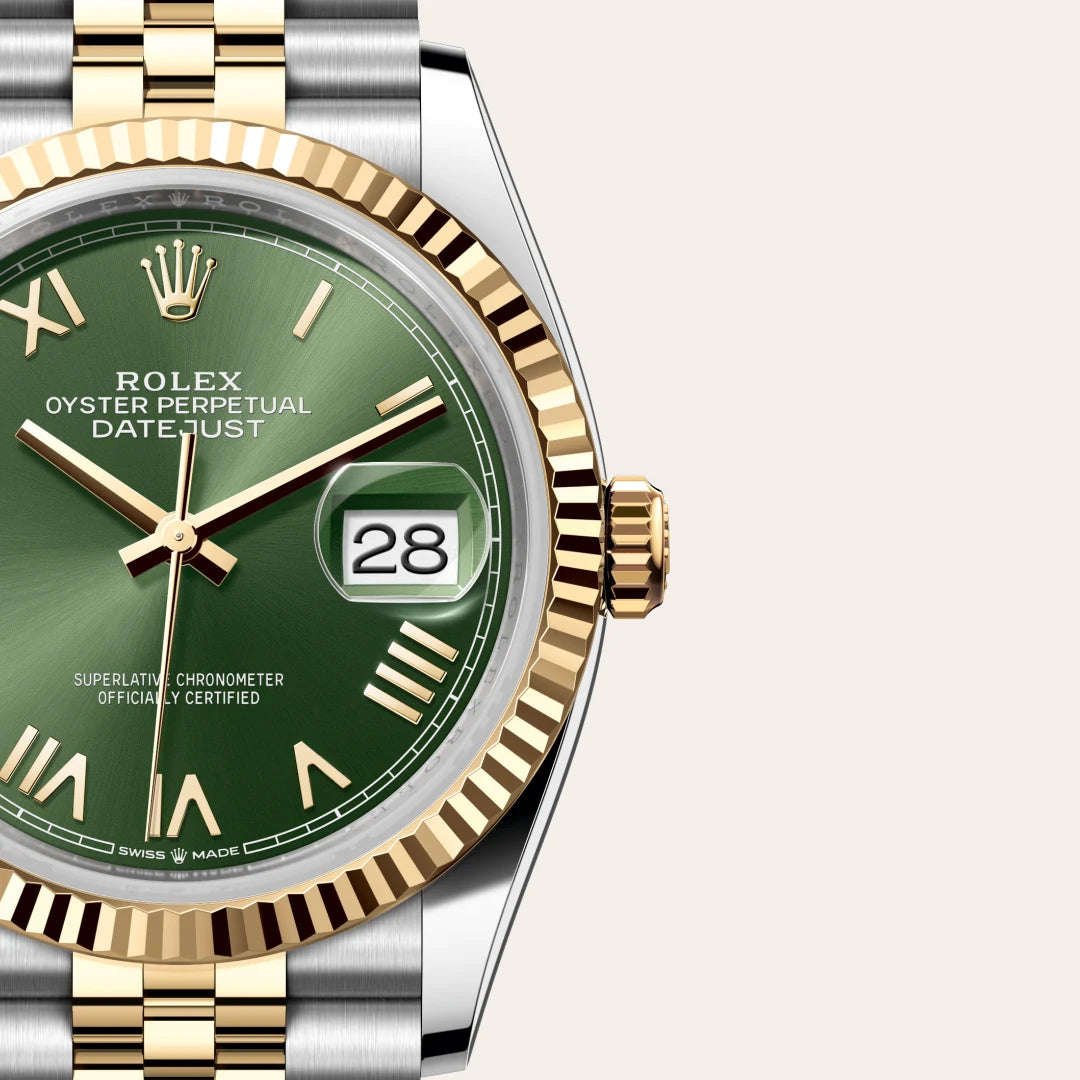 Rolex Datejust 36 in Yellow Rolesor - combination of Oystersteel and yellow gold with a Olive green dial, Fluted bezel, Jubilee, five-piece links bracelet