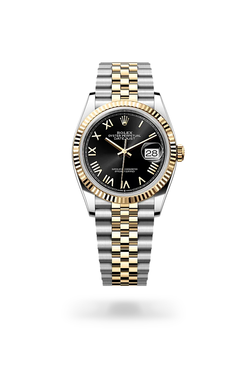 Rolex Datejust 36 in Yellow Rolesor - combination of Oystersteel and yellow gold with a Bright black dial, Fluted bezel, Jubilee, five-piece links bracelet