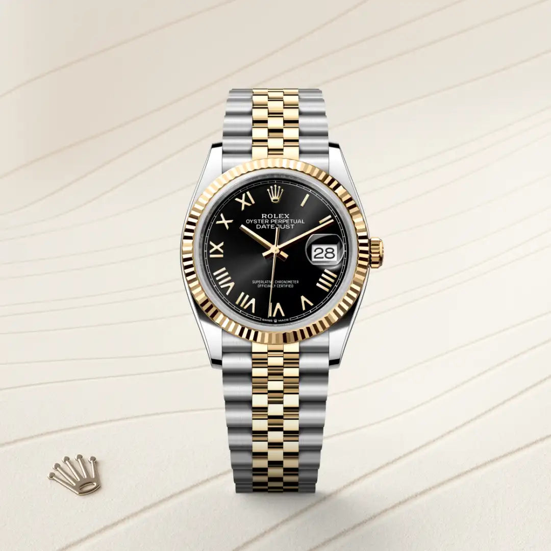 Rolex Datejust 36 in Yellow Rolesor - combination of Oystersteel and yellow gold with a Bright black dial, Fluted bezel, Jubilee, five-piece links bracelet