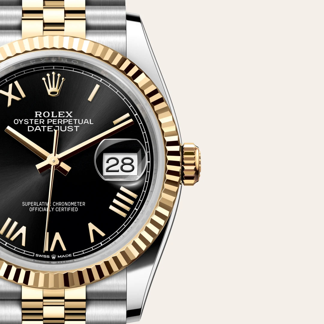Rolex Datejust 36 in Yellow Rolesor - combination of Oystersteel and yellow gold with a Bright black dial, Fluted bezel, Jubilee, five-piece links bracelet