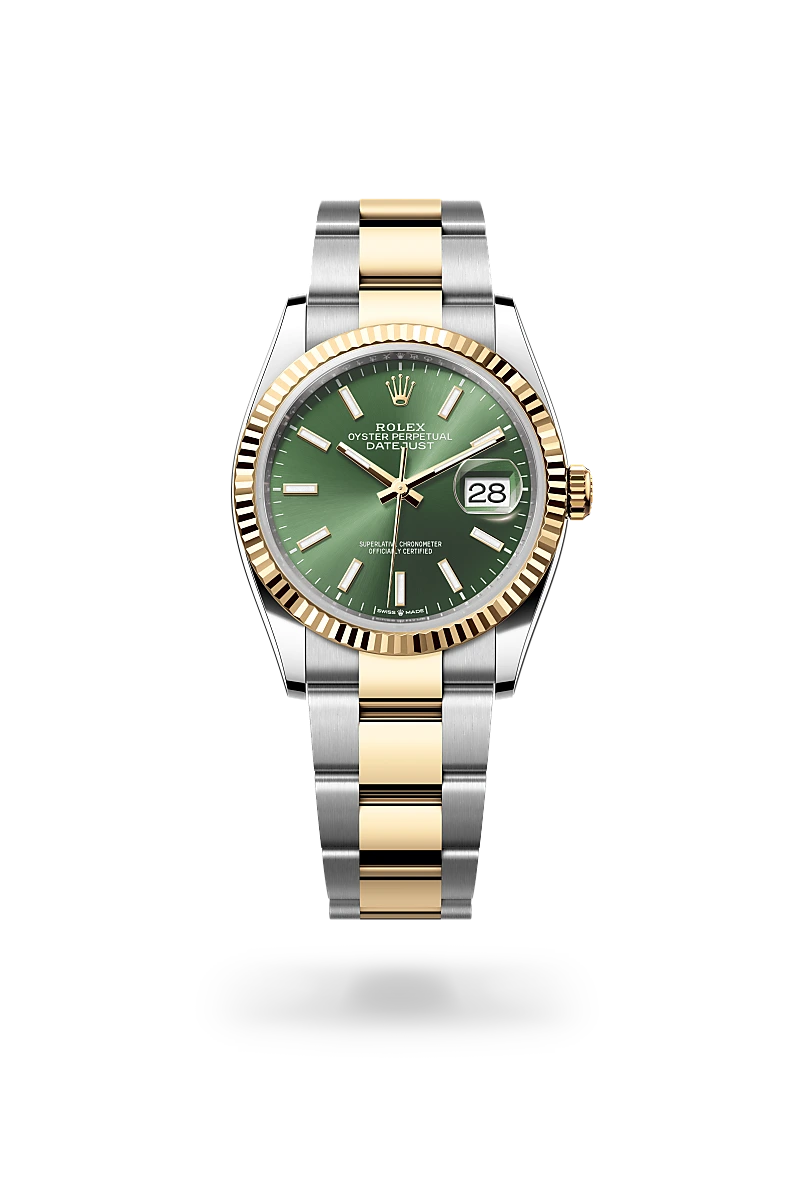 Rolex Datejust 36 in Yellow Rolesor - combination of Oystersteel and yellow gold with a Olive green dial, Fluted bezel, Oyster, three-piece solid links bracelet