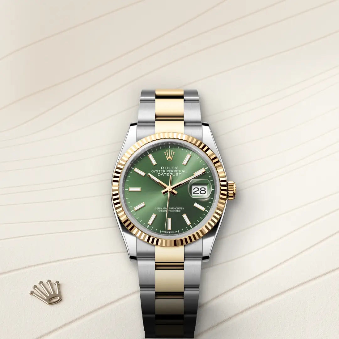 Rolex Datejust 36 in Yellow Rolesor - combination of Oystersteel and yellow gold with a Olive green dial, Fluted bezel, Oyster, three-piece solid links bracelet